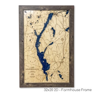 Lac Memphrémagog, carte en bois personnalisée, art mural 3D, carte des contours, décoration de maison au bord du lac, carte du lac, carte de la profondeur, cadeau du lac, maison du lac, art du lac
