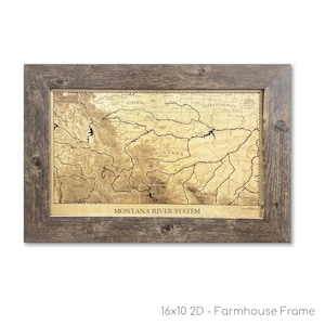 Mappa dei sistemi fluviali del Montana, mappa del Montana, mappa del territorio, mappa in legno personalizzata, arte murale 3D, mappa dei contorni, arredamento per baite, mappa del fiume