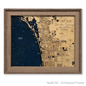 Carte Bonita - carte Bonita Springs - carte en bois personnalisée - art mural 3D - carte des contours - décoration maison de plage - carte de l'île - carte de la Floride - carte de la profondeur