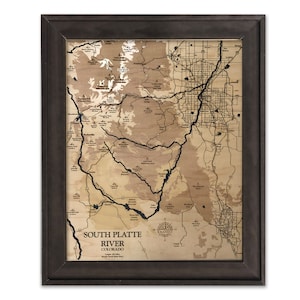 Rivierkaart South Platte - aangepaste houten kaart, bergkaart, 3D-muurkunst, rivierkaart, bergkaart Colorado, kaart meer, dieptekaart, dieptekaart, houten kaarten