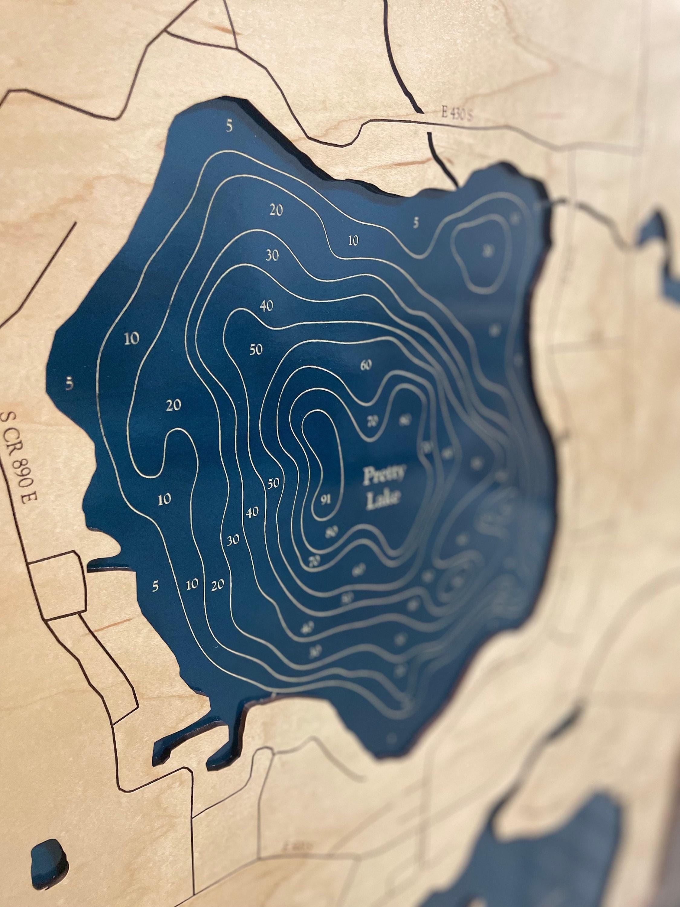 Pretty Water Map Pretty Lake Map, Custom Wood Map, Custom Lake Art, 3D Art, Contour Map ...