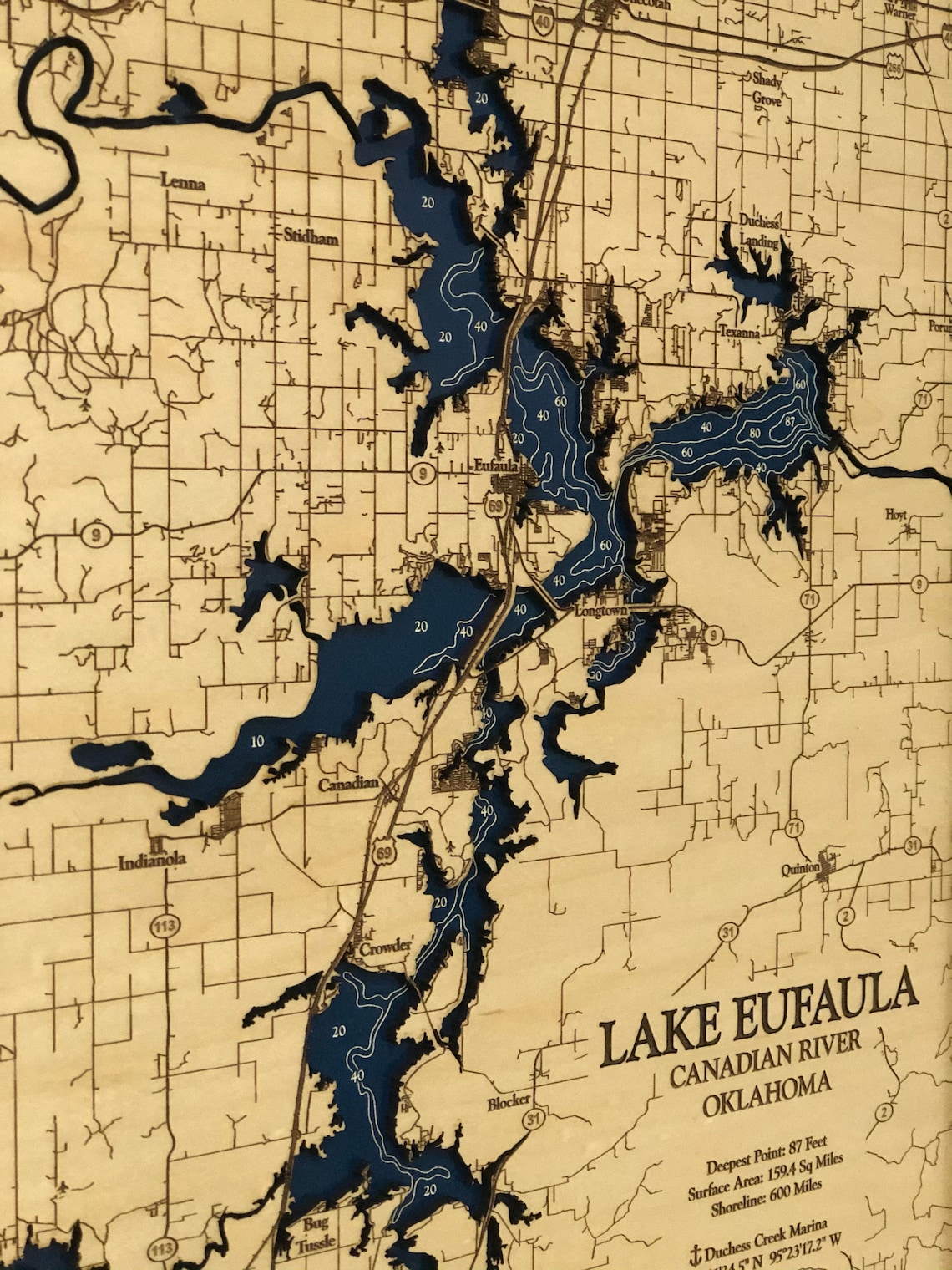 3D Wall Wood Map of Lake Eufaula