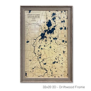 Chain O' Lakes and Fox River Illinois - Custom Wood Map -  Art - 3D Wall Art - Contour Map - Lake House Decor - Lake Map - Depth Map - Gift