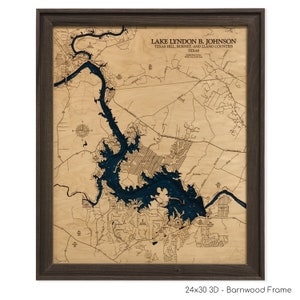 Kaart Lake Lyndon B. Johnson, kaart Lake LBJ, aangepast bord meer, 3D-muurkunst, contourkaart, decor Lake House, kaart meer, dieptekaart, kunst meer