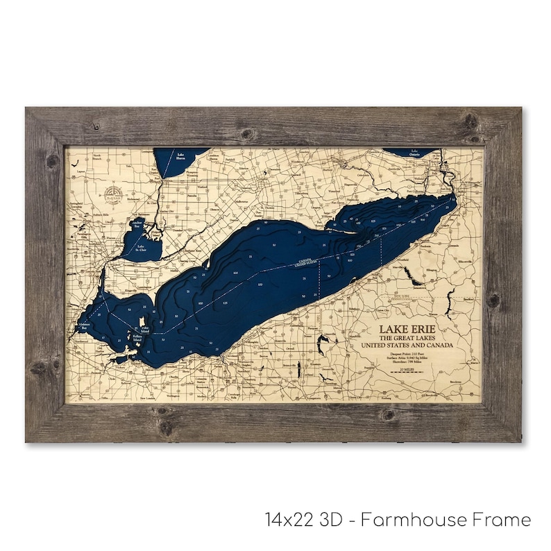 Lake Erie Dimensional Wood Carved Depth Contour Map - Customize With Your Home InformationRelief Map - Wood Art - Lake Gifts - Wood Gifts - image 1