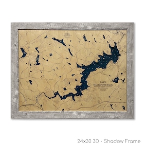 Lake Wallenpaupack - aangepaste houten kaart - aangepast bord meer - meerkunst - 3D-muurkunst - contourkaart - decor meerhuis - kaart meer - dieptekaart
