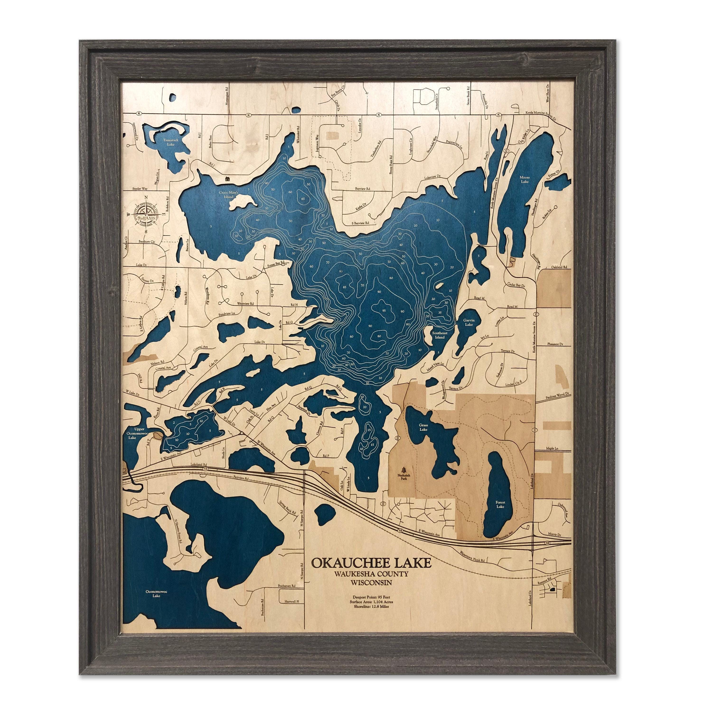 Okauchee Map, Custom Wood Map, 3D Wall Art, Contour Map, Lake House Decor, Lake Map, Lake Sign, Depth Map, Lake Gift, Anniversary, Lakehouse