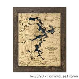 Eufaulameer, aangepaste houten kaart, kaart Eufaula, kaart meer, 3D-muurkunst, contourkaart, decor meerhuis, kaart meer, dieptekaart, houten kaarten, meercadeau