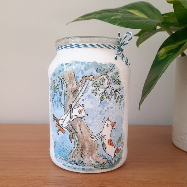 Upcycled &Hand Decorated Open Storage Jar made using Anita Jeram 'Cat Friends' Design