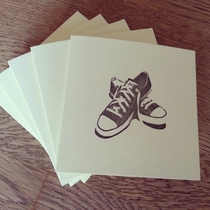 Set of 5 Hand-stamped All Star Sneakers 4 x 4 inch ivory square notecards with envelopes