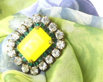 Czech upcycled scarf pin magnetic brooch Mag TAK™  Lemon yellow center surrounded by emerald green and clear rhinestones. Silk back button.