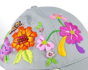 Garden flowers, hand designed and embroidered light gray baseball cap with beaded details. Velcro tab, 1 size fits all. One of a kind design