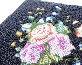 Black seed beaded purse zipper pouch with beautiful embroidered needlepoint antique rose detail. Satin interior & back