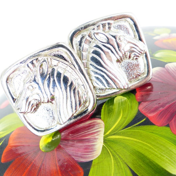 French cuff Statement cufflinks for Women. Bold silver square cufflinks with a 2D zebra head profile face.  "Chick Links"