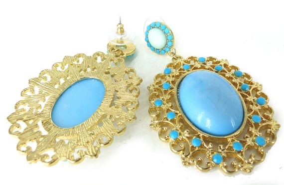 Gold filigree boho faux turquoise dangle post ear… - image 6
