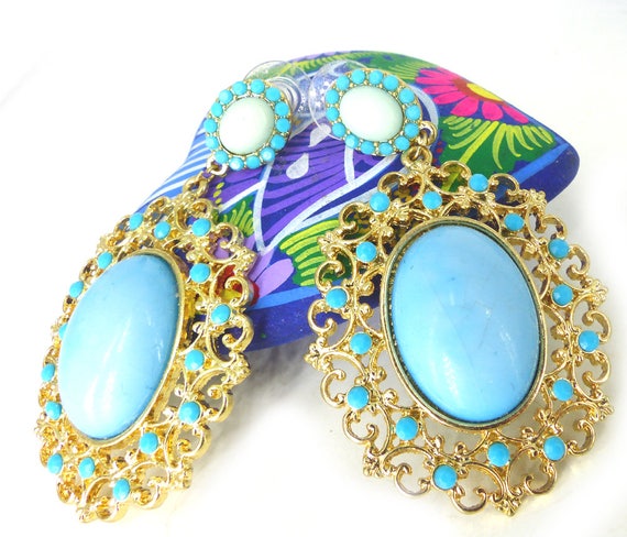 Gold filigree boho faux turquoise dangle post ear… - image 4
