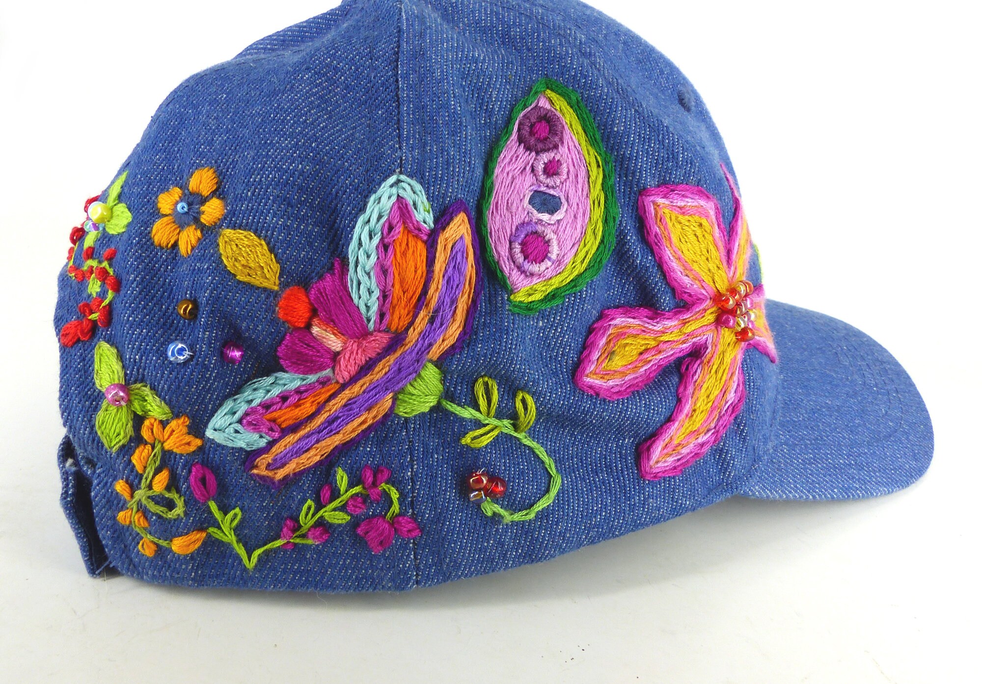 Hand Embroidered Floral Design Boho Style Baseball Hat/cap 