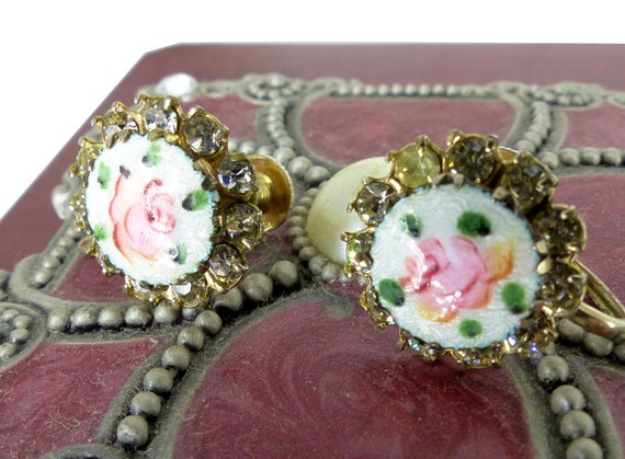 Sweet little antique Coro Enameled Rose Earrings.… - image 10