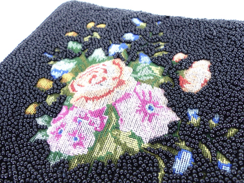 Satin interior /& back Black seed beaded purse zipper pouch with beautiful embroidered needlepoint antique rose detail