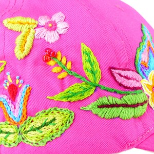 Boho flowers hand designed and embroidered bright pink baseball cap with beaded details. Velcro tab, 1 size fits all