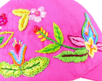 Boho flowers hand designed and embroidered bright pink baseball cap with beaded details. Velcro tab, 1 size fits all