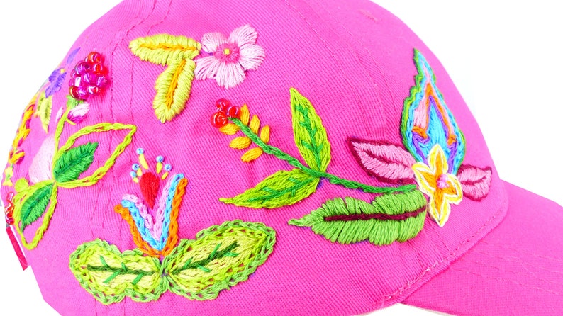 Boho flowers hand designed and embroidered bright pink baseball cap with deals beaded details. Velcro tab, 1 size fits all