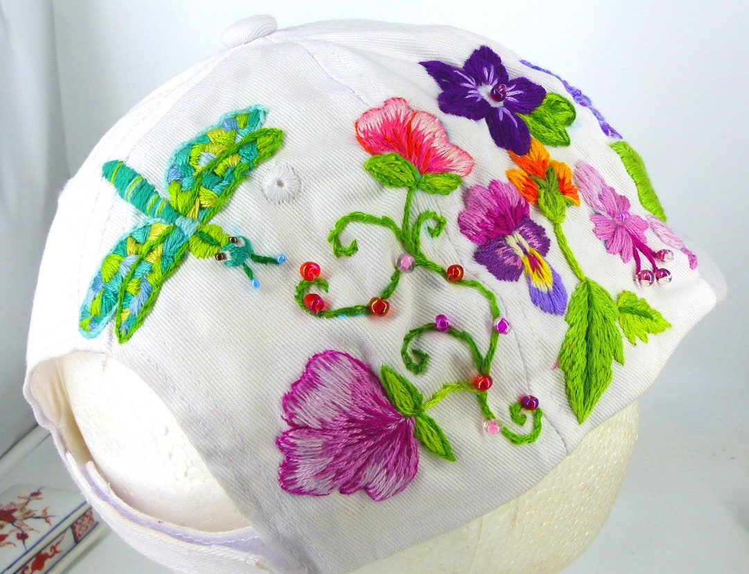 Hand Embroidered White Cotton Baseball Cap Summer Garden Flowers ...