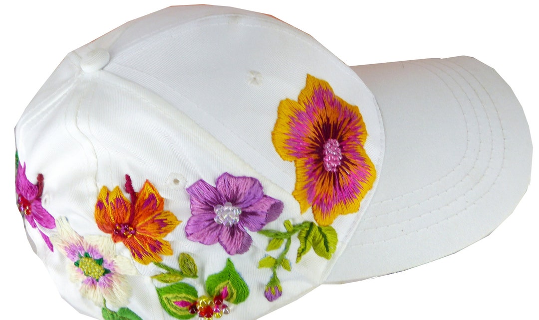 Hand Embroidered White Cotton Baseball Cap Summer Garden Flowers With ...