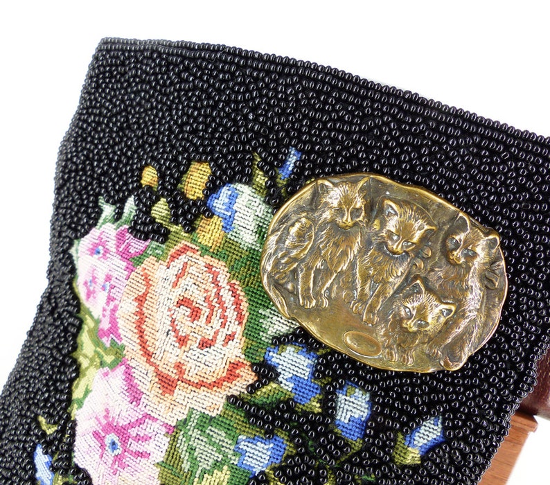 Satin interior /& back Black seed beaded purse zipper pouch with beautiful embroidered needlepoint antique rose detail