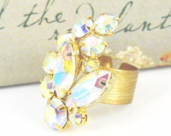 Iridescent with pink highlights, Glam cocktail statement ring, adjustable gold band. Also wear it as a scarf ring!. Gift packaged