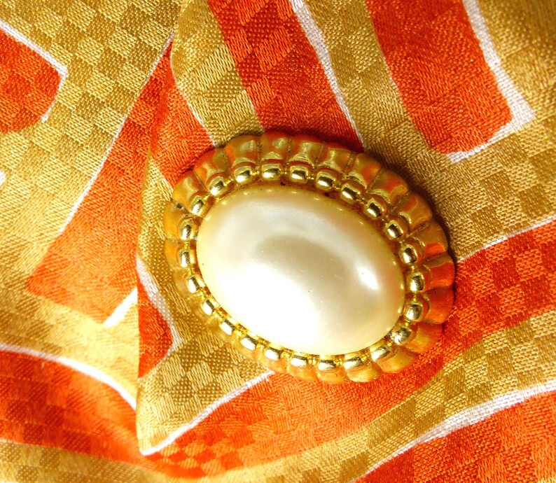 Hat pin scarf clip or lapel pin Gift packaged Silk back button Pearl look and gold Magnetic brooch original Mag TAK\u2122 mid century style