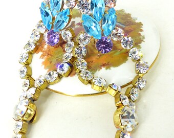 Couture style  wedding Bijoux MG Czech post chandelier earrings. Brilliant aqua marquis, lavender clear rhinestones dangle. Gift packaged