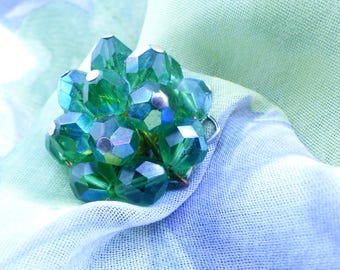 Mag TAK™. Gorgeous iridescent faceted & layered green crystal magnetic scarf pin with silk covered back button. Don't ruin your fine fabrics