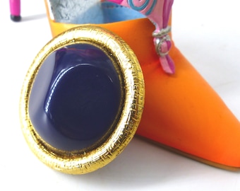 Mid Century mod Navy blue framed by shimmer gold magnetic brooch Mag TAK™ mid century style. Silk back button. Don't poke holes in your silk