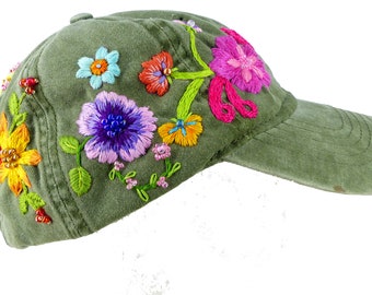 Garden flowers hand embroidered & beaded green sand washed cotton, one size fits all buckle adjustment. One of a kind design