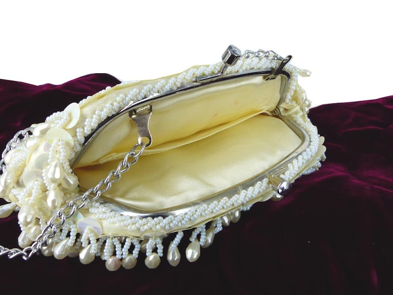 sequin and pearl beaded Holiday Party or bridal purse Silver kiss lock closure and wrist chain Winter white seed bead Gift packaged.