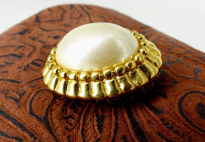 Hat pin scarf clip or lapel pin Gift packaged Silk back button Pearl look and gold Magnetic brooch original Mag TAK\u2122 mid century style