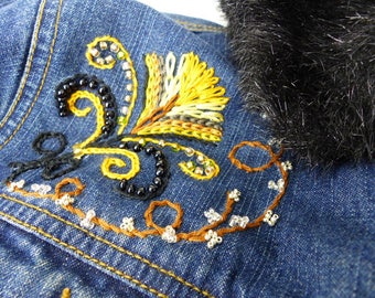 Embroidered fashion Gatsby style hand embellished embroidered denim jean jacket, faux fur trim collar & sleeves. Black,gold and brown
