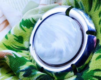 Mod ice pearl swirl Mad Men style Magnetic Mag TAK™ scarf brooch. Silver frame with silk back button. Packaged as a gift.