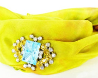 Magnetic brooch & scarf pin, Boho Glam Bohemian aqua starbust crystal surrounded by yellow and clear rhinestones. Gift packaged