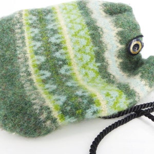 May include: A green, white, and blue knitted drawstring bag with a black cord and a black button.