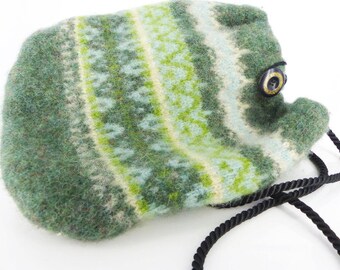 May include: A green, white and blue knitted drawstring bag with a black cord and a black button.