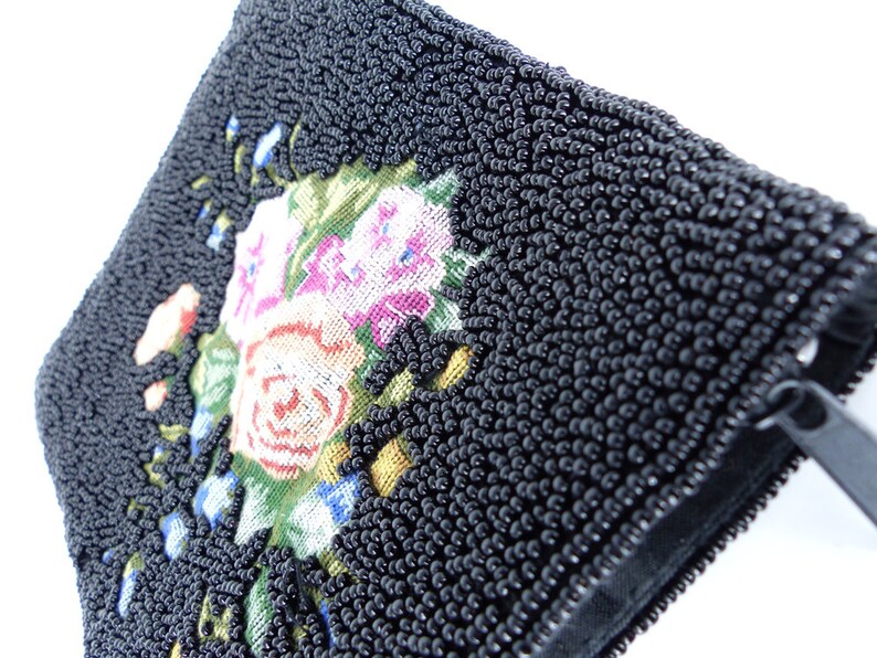 Satin interior /& back Black seed beaded purse zipper pouch with beautiful embroidered needlepoint antique rose detail