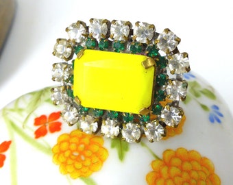 Czech upcycled scarf pin magnetic brooch Mag TAK™  Lemon yellow center surrounded by emerald green and clear rhinestones. Silk back button.
