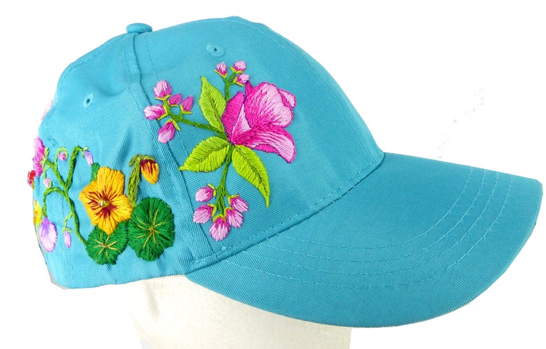 Sale Pink spring flowers shimmer stitching hand embroidered, beaded silk poly teal blue baseball cap. Velcro tab adjustment. One of a kind