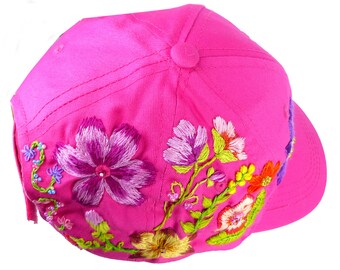 Summer garden, cosmos & sweet peas, hand designed and embroidered bright pink baseball cap with beaded details. Velcro tab, 1 size fits all