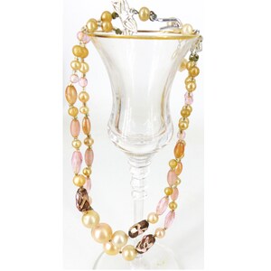 Elegant double strand choker necklace with gold crackle glass beads with cream faux pearls details and dangle chain pearl hook closure image 2