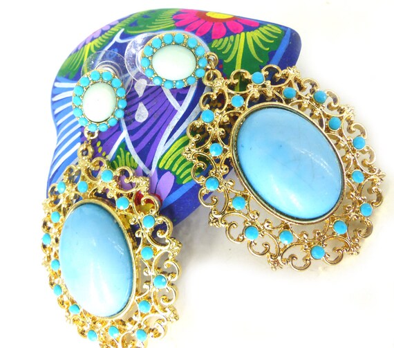 Gold filigree boho faux turquoise dangle post ear… - image 8