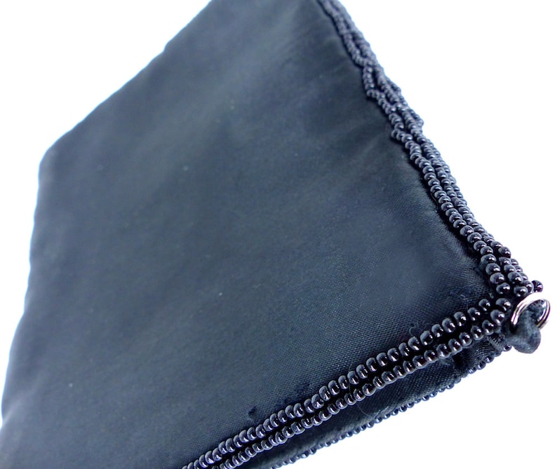 Satin interior /& back Black seed beaded purse zipper pouch with beautiful embroidered needlepoint antique rose detail