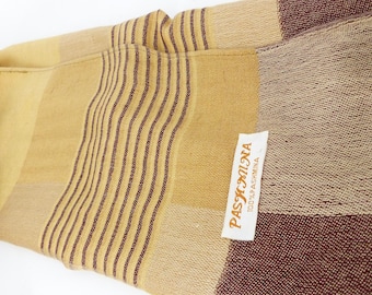 Super Soft! 100% Pashmina style wrap in a modern camel, cream and brown blocks & stripes with fringe. Gift packaged, shown  with MagTAK  pin